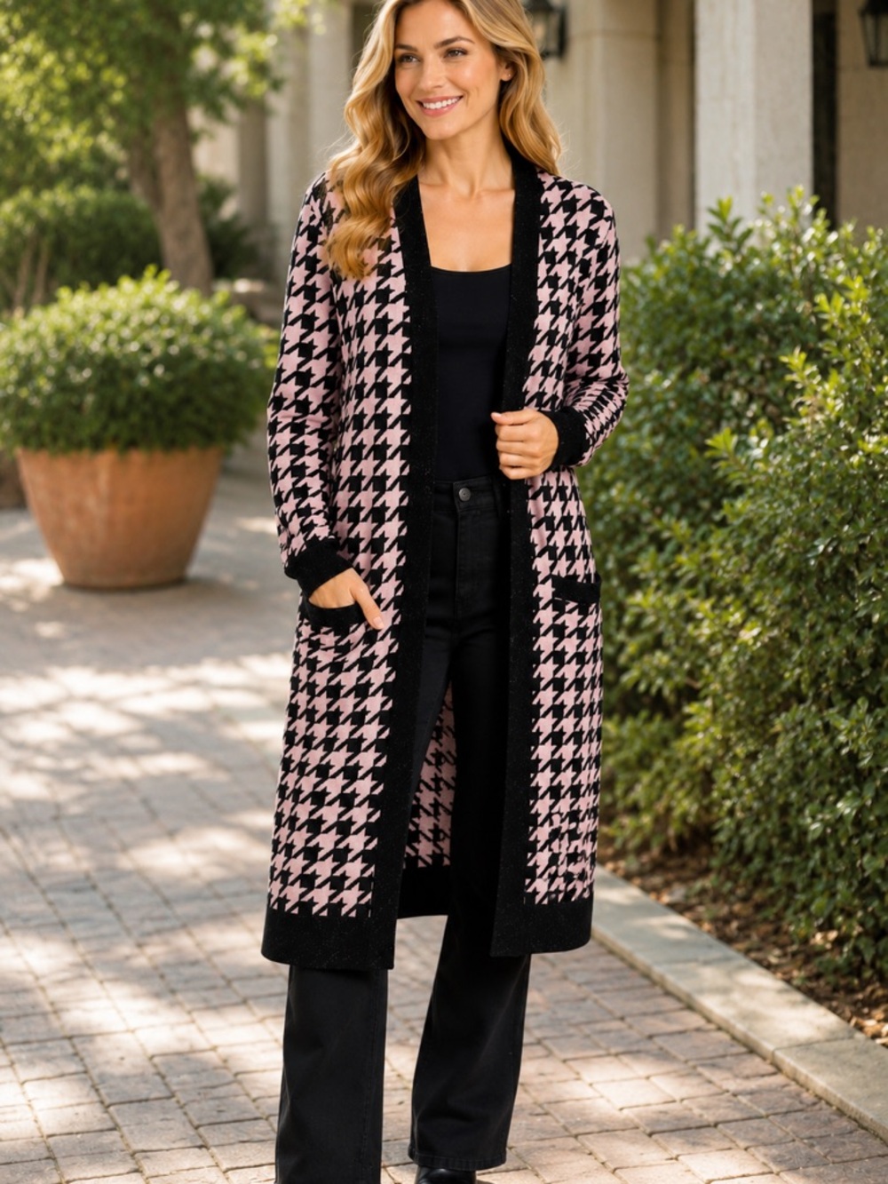 S8 Express XS Pink & Black Houndstooth Metallic Duster Cardigan | NWOT
